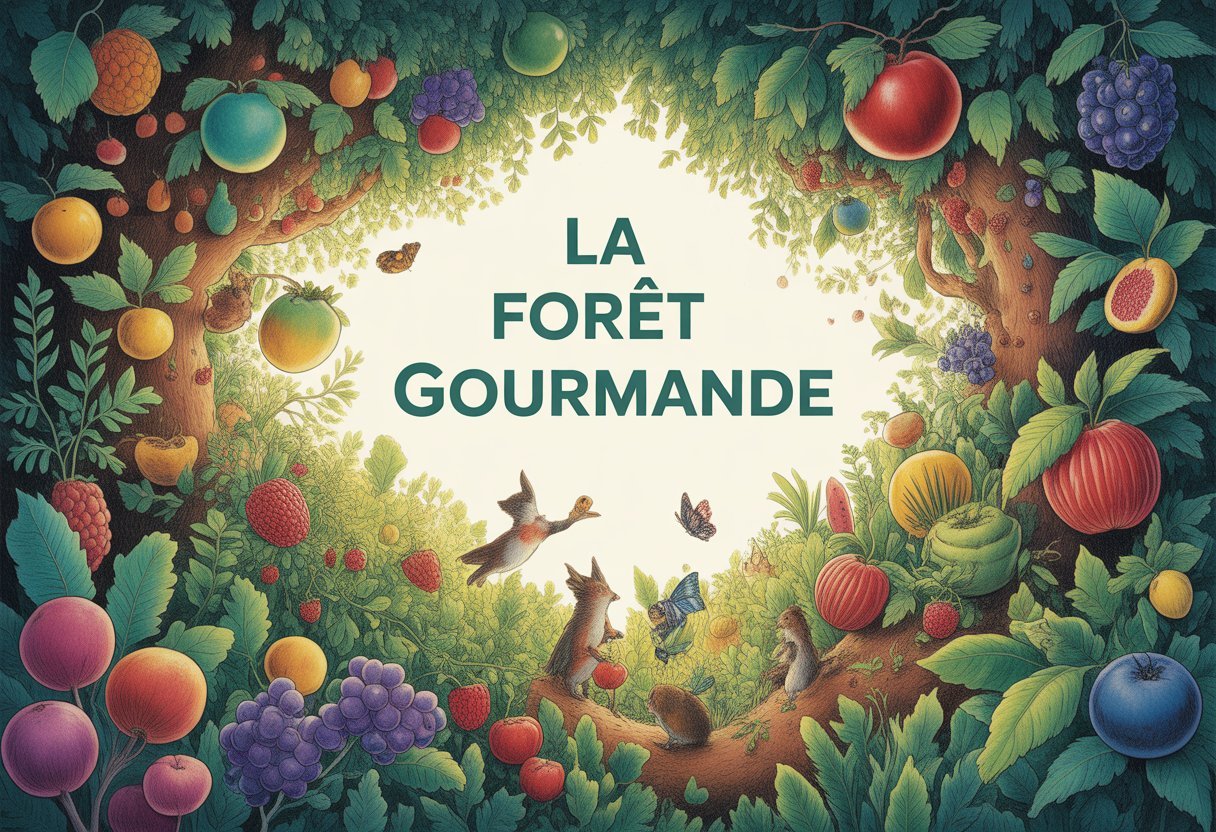 Une forêt luxuriante avec des arbres portant des fruits colorés et des animaux de la forêt dans un paysage naturel et lumineux.