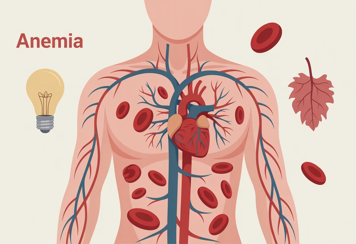 Illustration d'un torse humain montrant des veines avec peu de globules rouges pâles, un cœur moins vibrant, et des symboles de fatigue et faiblesse autour.