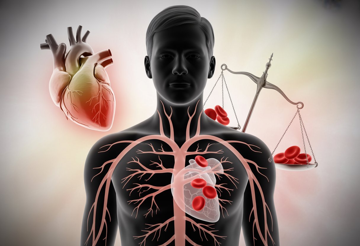 Silhouette humaine avec des veines visibles et des globules rouges de différentes couleurs dans la poitrine, entourée d’un cœur faiblement lumineux et d’une balance inclinée symbolisant l’anémie.
