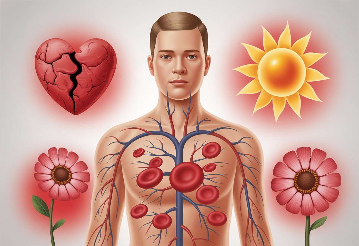 Une illustration montrant un corps humain avec les vaisseaux sanguins et des globules rouges pâles, entouré de symboles comme un cœur fissuré, une fleur fanée et un soleil faible.