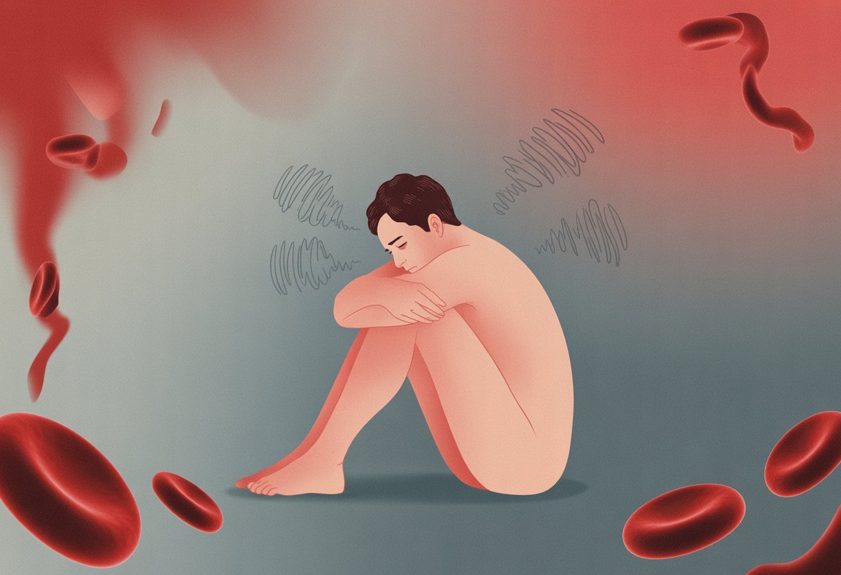 Une personne pâle assise, semblant fatiguée et triste, entourée de globules rouges translucides qui s’effacent, avec un fond dégradé rouge et gris symbolisant la perte de vitalité et la détresse émotionnelle.