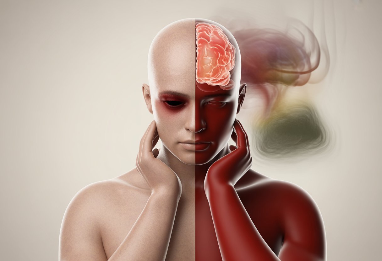 Une illustration montrant une personne avec des signes physiques d'anémie d'un côté et des effets psychiques de l'autre, comme la fatigue, la pâleur, et des symboles de troubles mentaux.