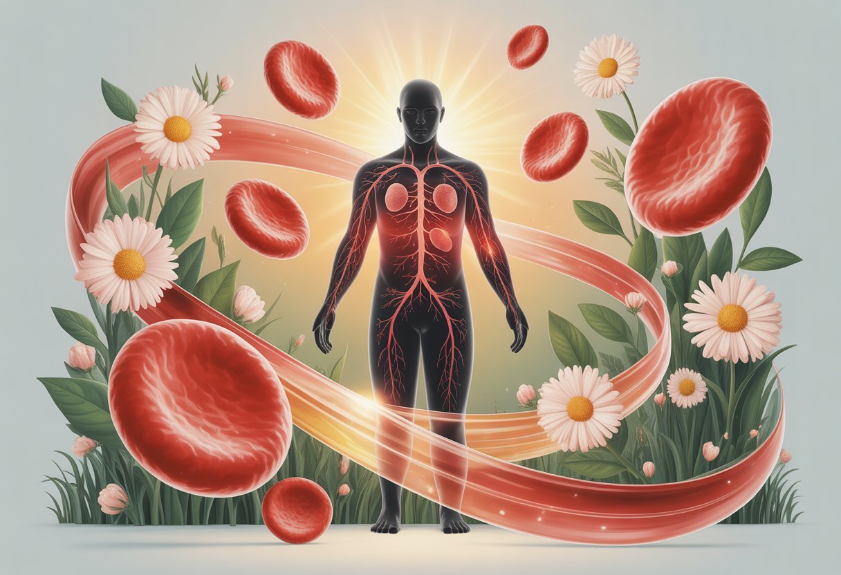 Une illustration montrant une figure humaine avec le système circulatoire et des cellules sanguines, entourée de chemins lumineux et d'éléments naturels symbolisant la guérison et la transformation liées à l'anémie.