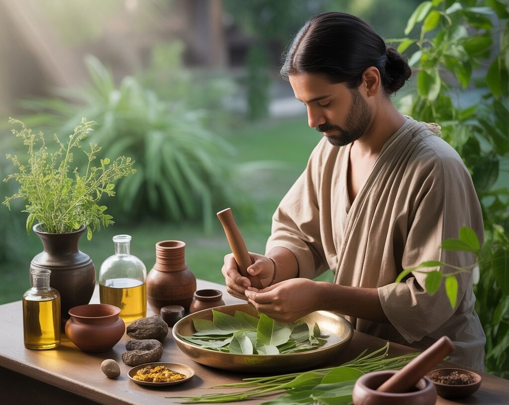 Préparation huiles ayurvédique et massage