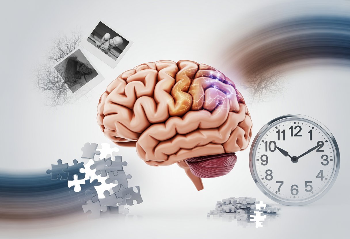 Illustration d'un cerveau humain montrant des zones affectées par la maladie d'Alzheimer avec des éléments symboliques comme des photos qui s'effacent, des pièces de puzzle dispersées et une horloge floue.