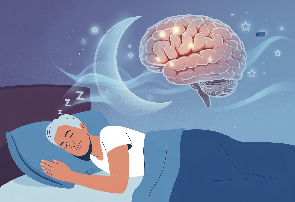 Une personne dort paisiblement dans une chambre la nuit, avec une illustration translucide d'un cerveau montrant des zones affectées par la maladie d'Alzheimer au-dessus d'elle.