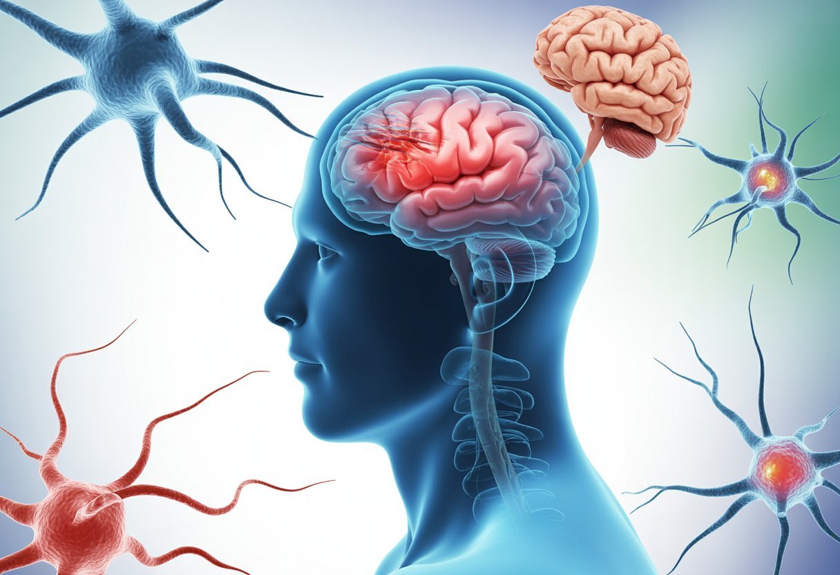 Illustration d'une tête humaine en profil montrant le cerveau avec des zones endommagées représentant une blessure à la tête et des signes de la maladie d'Alzheimer.