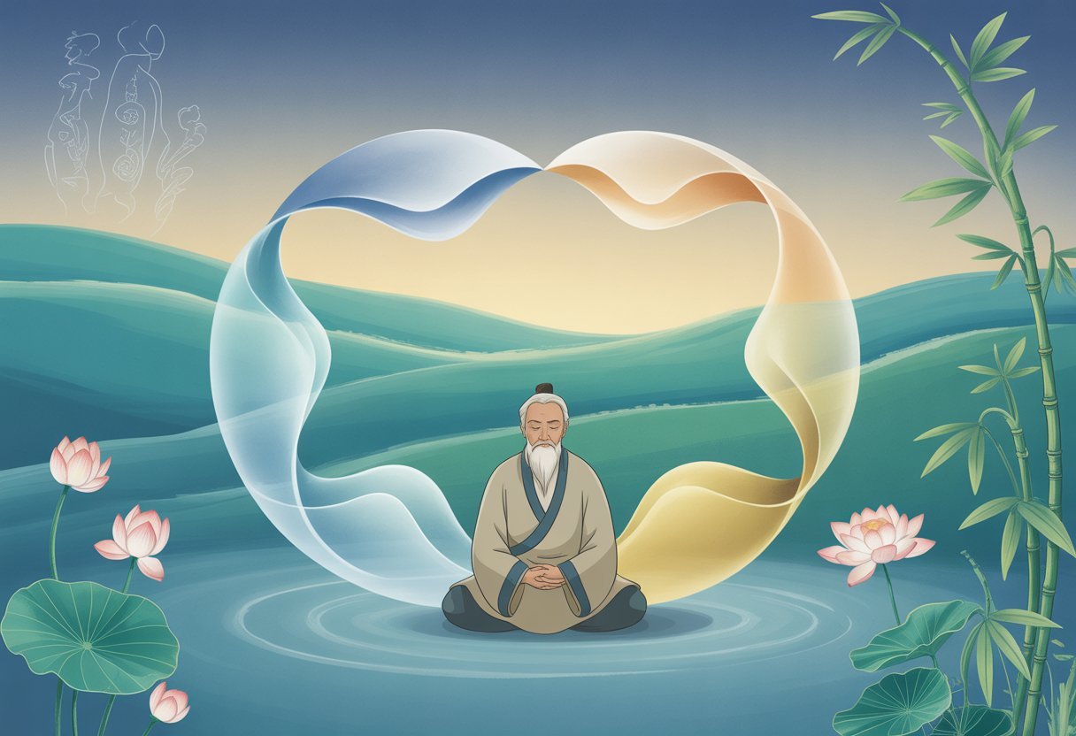 Un sage âgé assis en méditation dans un paysage naturel calme avec des collines, des fleurs de lotus et des plantes de bambou, entouré de flux lumineux symbolisant des énergies spirituelles.