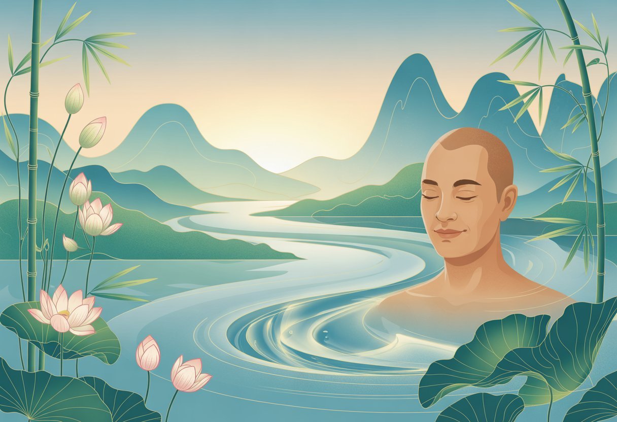 Une personne méditant paisiblement dans un paysage naturel avec de l'eau, des montagnes, des fleurs de lotus et des bambous, symbolisant l'équilibre et la sagesse.