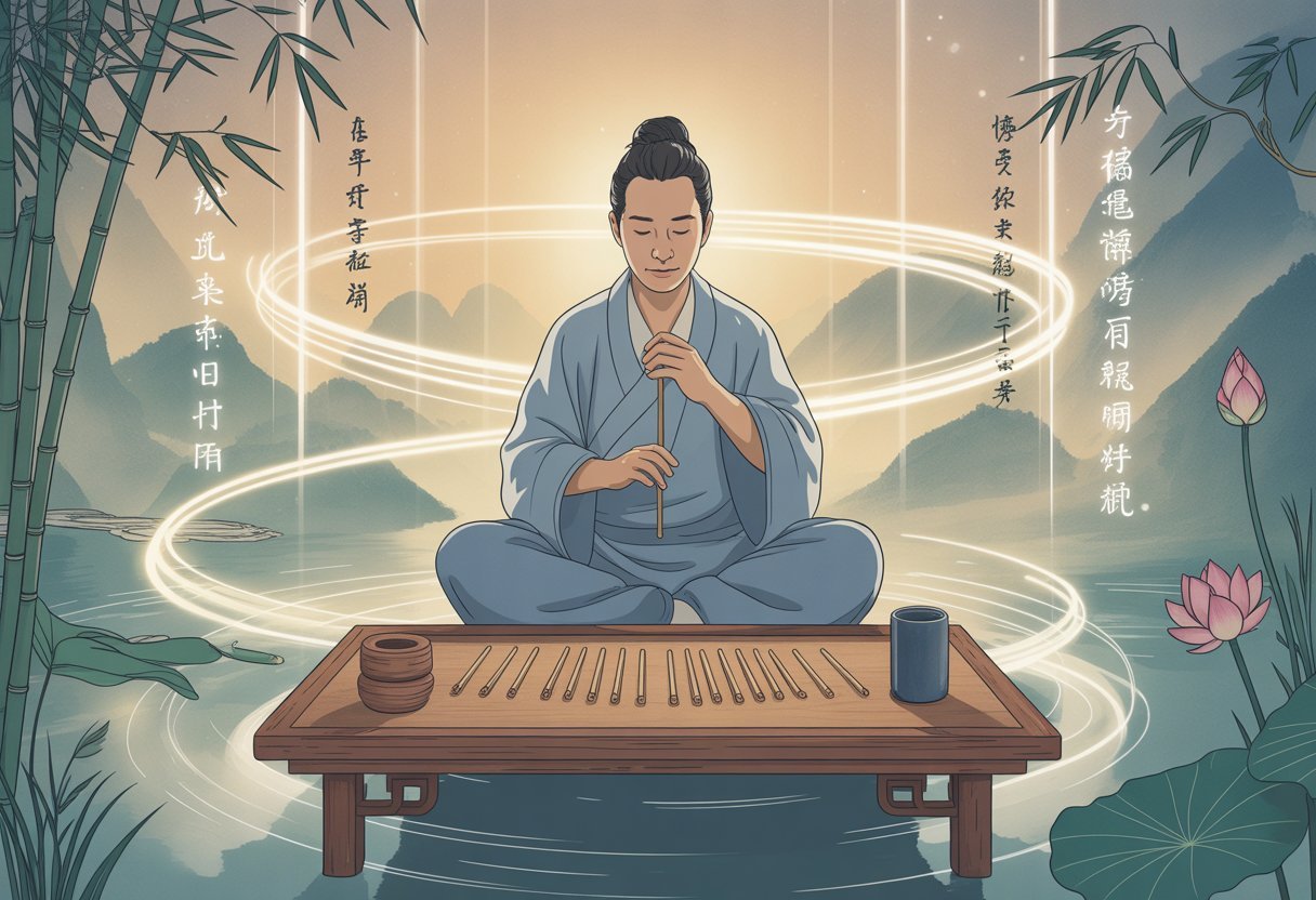 Un praticien assis en méditation dans un paysage naturel paisible, entouré de symboles lumineux et d'éléments naturels, pratiquant le Yin Kin comme oracle.