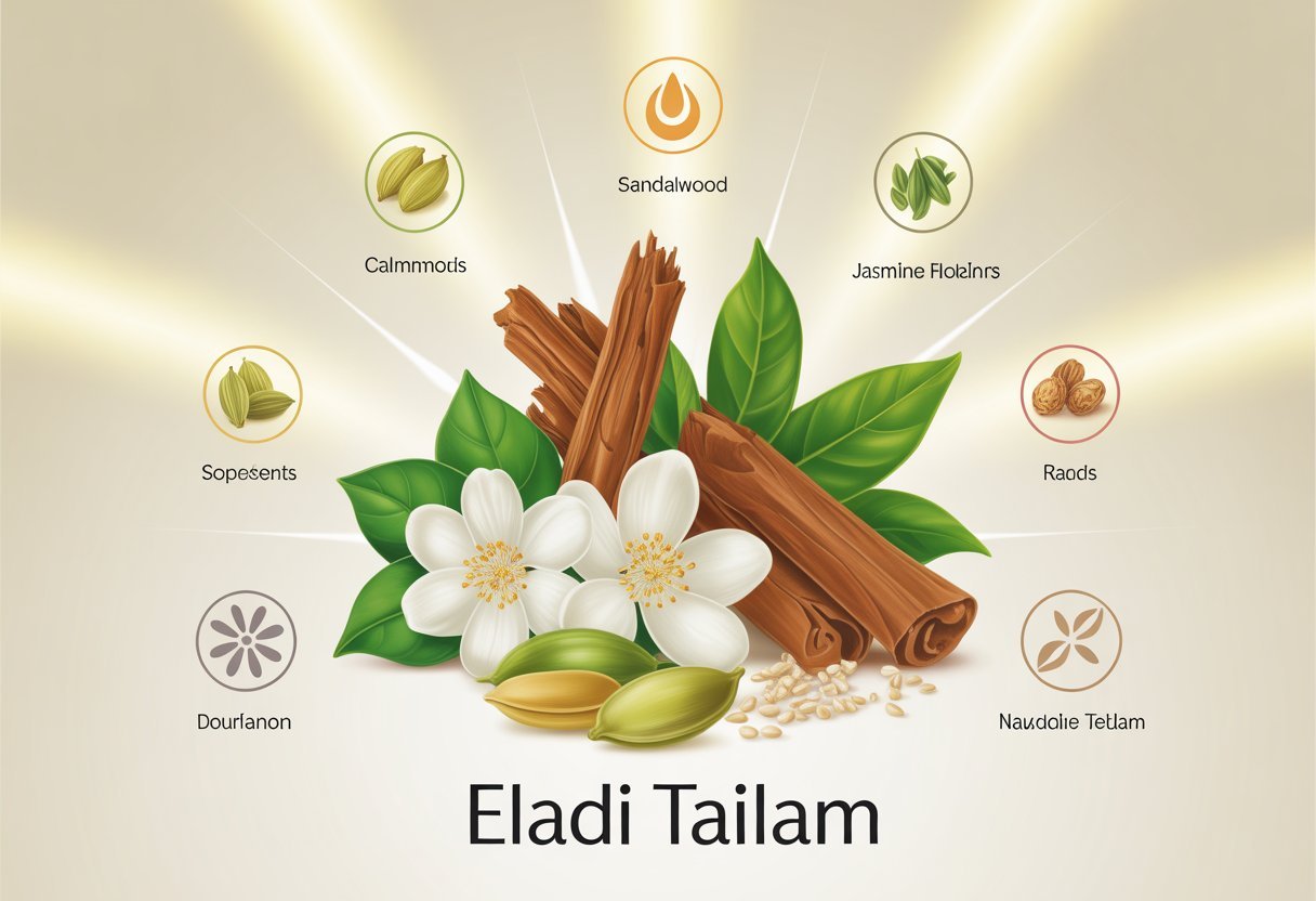 Illustration montrant les principaux ingrédients naturels de l'huile ayurvédique Eladi Tailam, comme le bois de santal, la cardamome, le jasmin et les graines de sésame, avec des symboles représentant leurs bienfaits pour la santé.