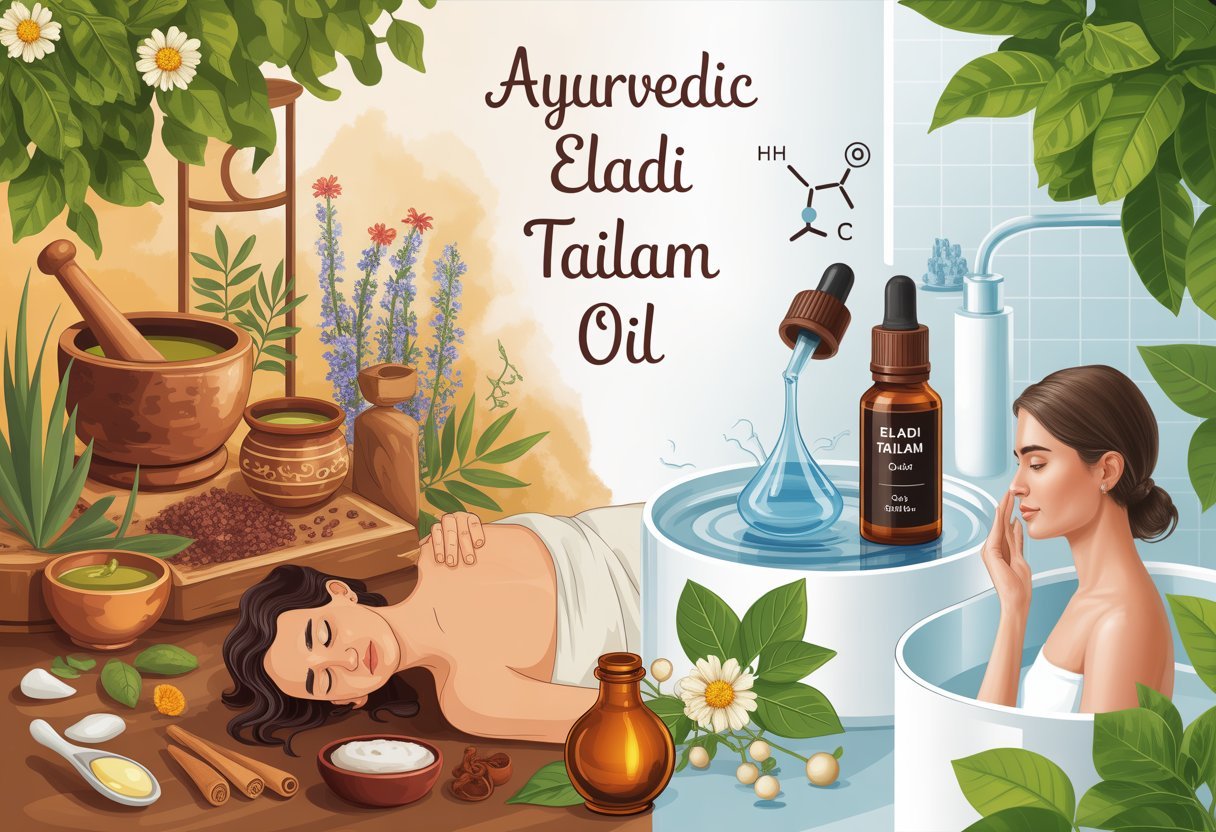 Une illustration montrant les utilisations traditionnelles avec des herbes et un massage ayurvédique, et les usages modernes avec une bouteille d'huile et une personne appliquant l'huile sur la peau.