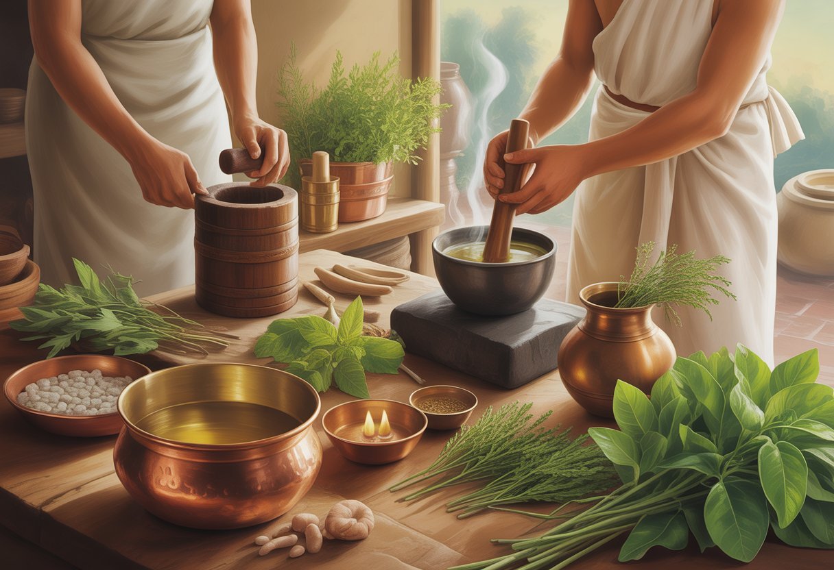 Une illustration montrant des praticiens ayurvédiques préparant de l'huile Eladi Tailam avec des herbes fraîches et des ustensiles traditionnels dans un cadre naturel.