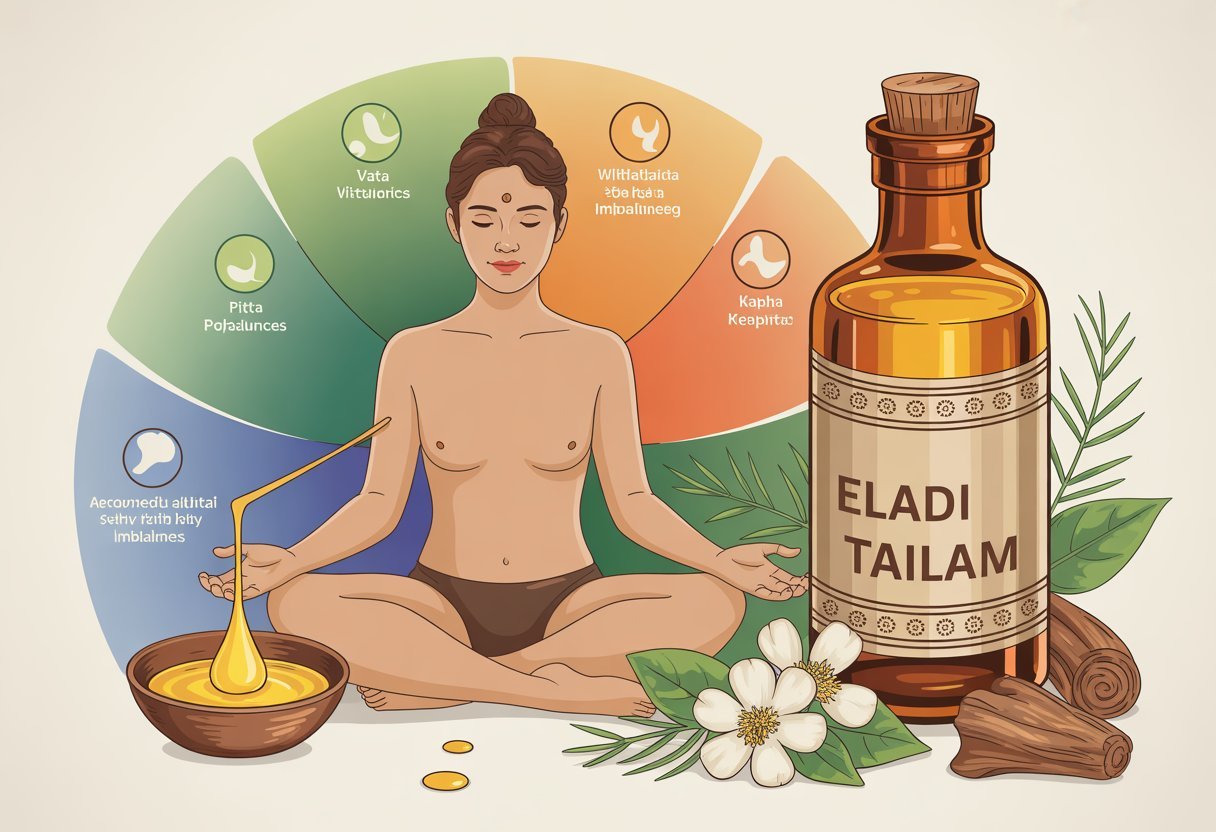 Illustration montrant une personne en méditation entourée d'éléments naturels et d'une bouteille d'huile ayurvédique, symbolisant l'équilibre et les bienfaits pour différents profils et déséquilibres.