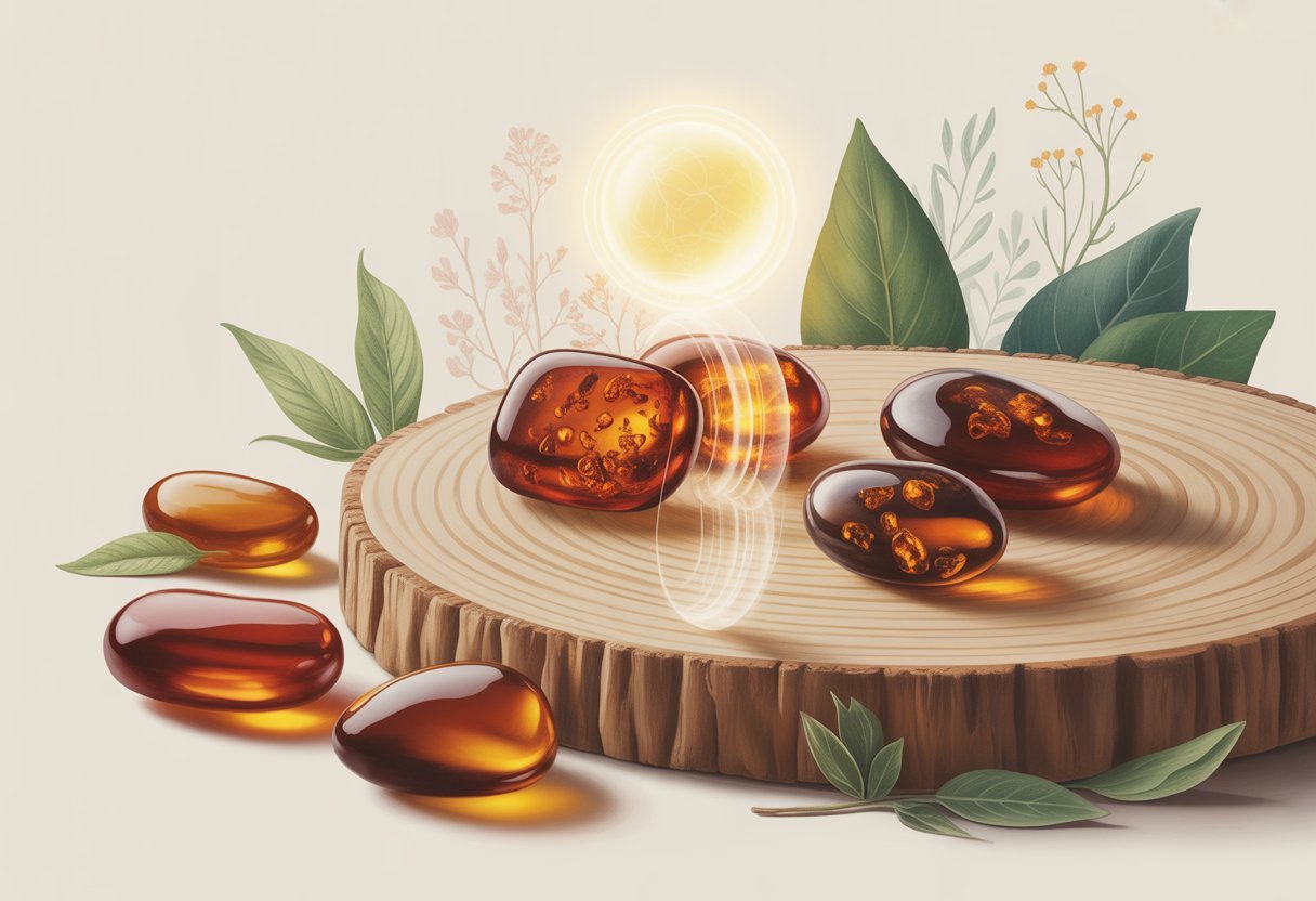 Des pierres d'ambre de la Baltique posées sur une surface en bois avec des éléments naturels autour symbolisant les bienfaits en lithothérapie.