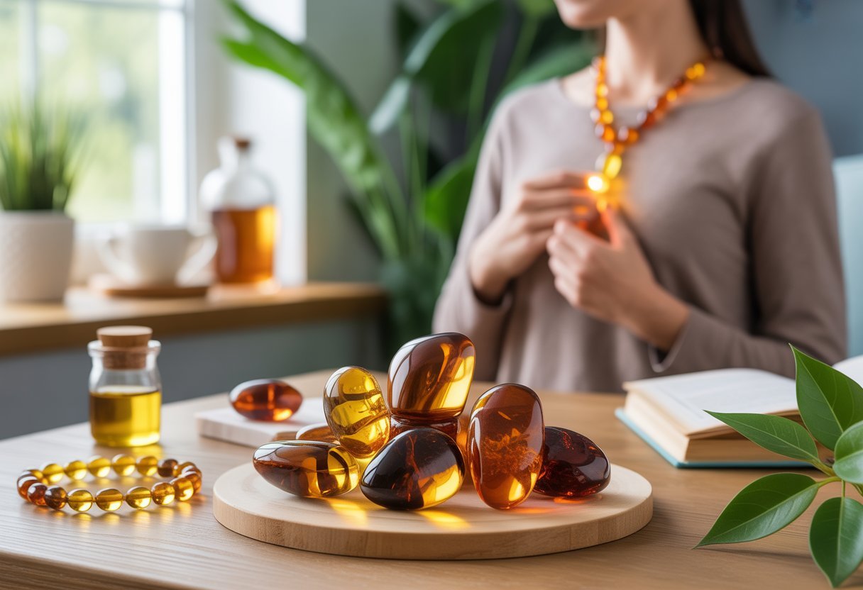 Une illustration montrant des morceaux d'ambre de la Baltique utilisés dans un intérieur calme, avec une personne portant un collier d'ambre, un pot d'huile d'ambre sur une table en bois, des plantes vertes et une tasse de thé.
