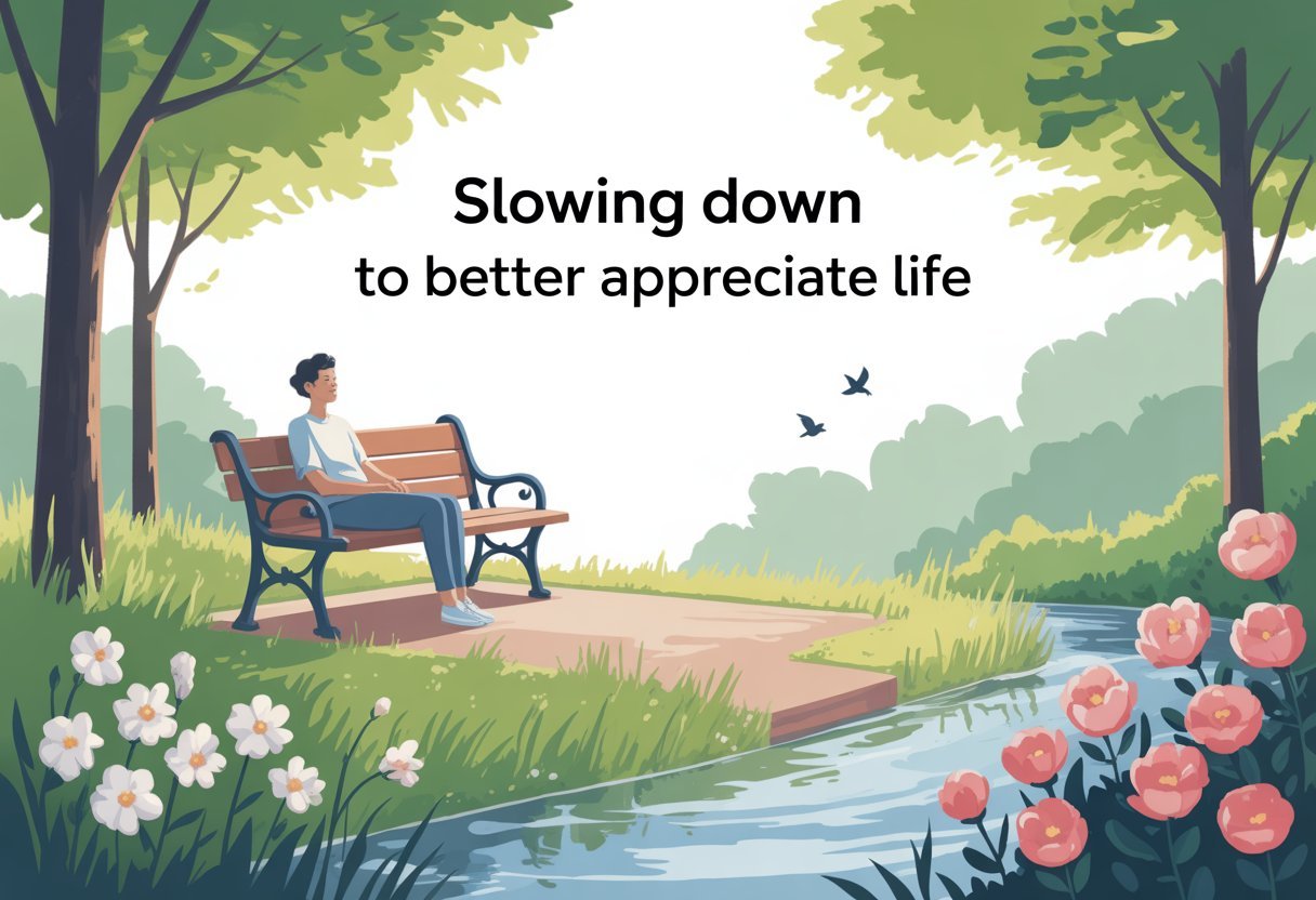 Une personne assise calmement sur un banc dans un parc verdoyant, entourée d'arbres et de fleurs, avec un ruisseau paisible à proximité.