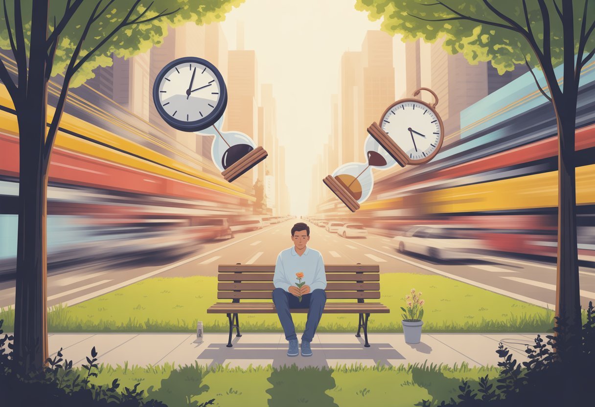 Une personne assise calmement sur un banc dans un parc, entourée d'une ville animée floue avec des horloges déformées, tenant une petite fleur pour symboliser l'appréciation de la vie.