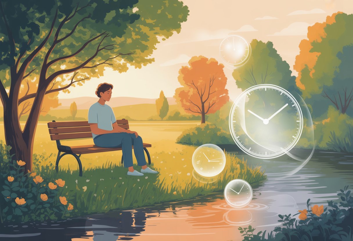 Une personne assise calmement sur un banc dans un parc paisible, regardant une rivière au coucher du soleil, entourée d’arbres et de fleurs.
