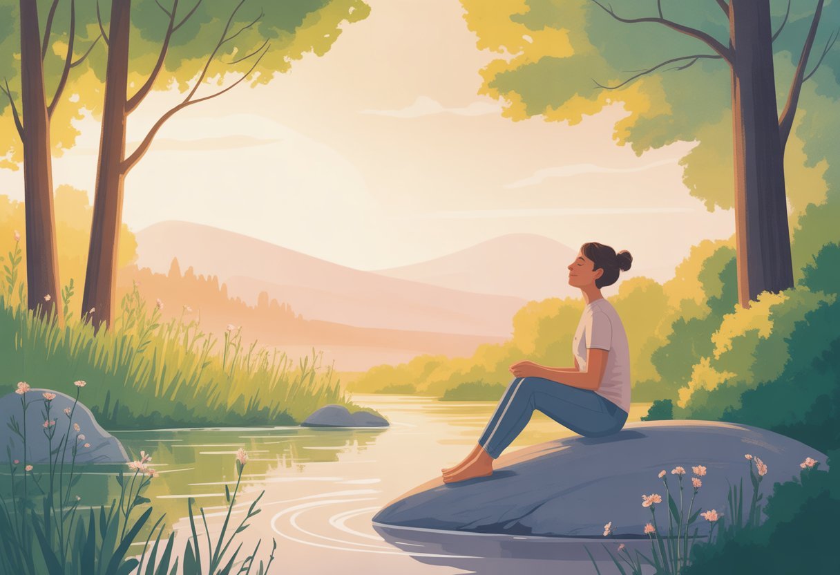 Une personne assise paisiblement au bord d'une rivière dans la nature, entourée d'arbres et de montagnes au coucher du soleil.