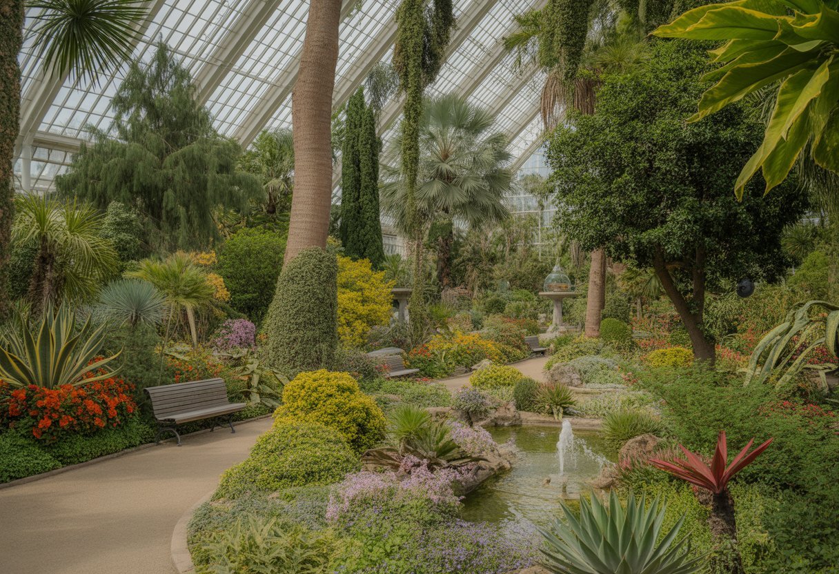 Un jardin botanique luxuriant avec des plantes variées, des fleurs colorées, des arbres imposants, des allées bien entretenues, et des serres en verre sous une lumière naturelle.