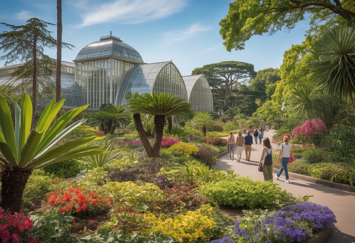 Un jardin botanique luxuriant avec des plantes variées, des fleurs colorées, des arbres exotiques, des allées bien entretenues et des serres en verre sous un ciel bleu clair.