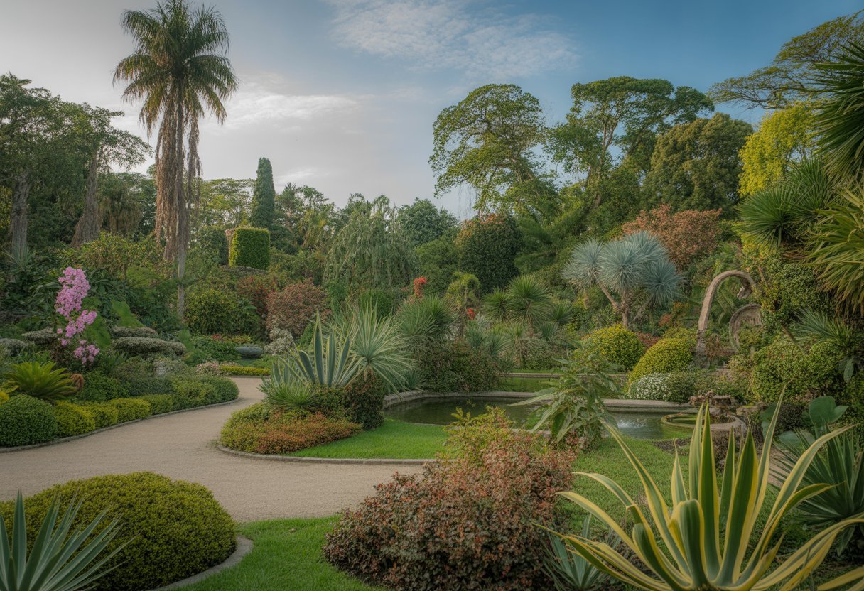 Vue d'un jardin botanique luxuriant avec des plantes exotiques, des fleurs colorées, des arbres imposants et des allées bien entretenues sous un ciel bleu clair.
