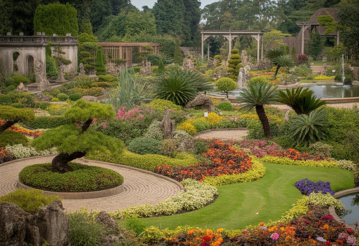 Un jardin botanique luxuriant avec une grande variété de plantes, des chemins sinueux, des fontaines et des structures décoratives sous une lumière naturelle douce.