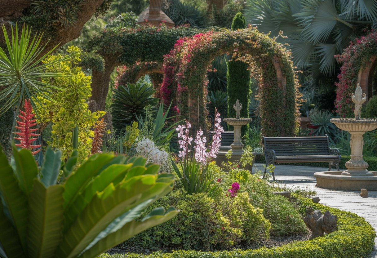 Un jardin botanique luxuriant avec une grande variété de plantes et de fleurs colorées, des arbres exotiques et des structures de jardin élégantes.