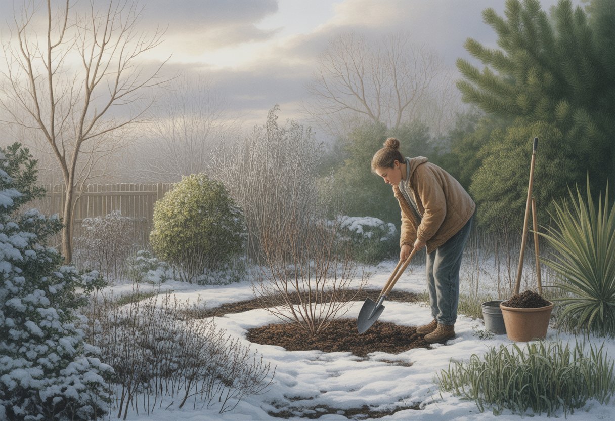 Jardinage d’hiver en conscience 2 Un jardinier habillé chaudement qui soigne un jardin d'hiver calme avec des plantes et de la neige au sol.