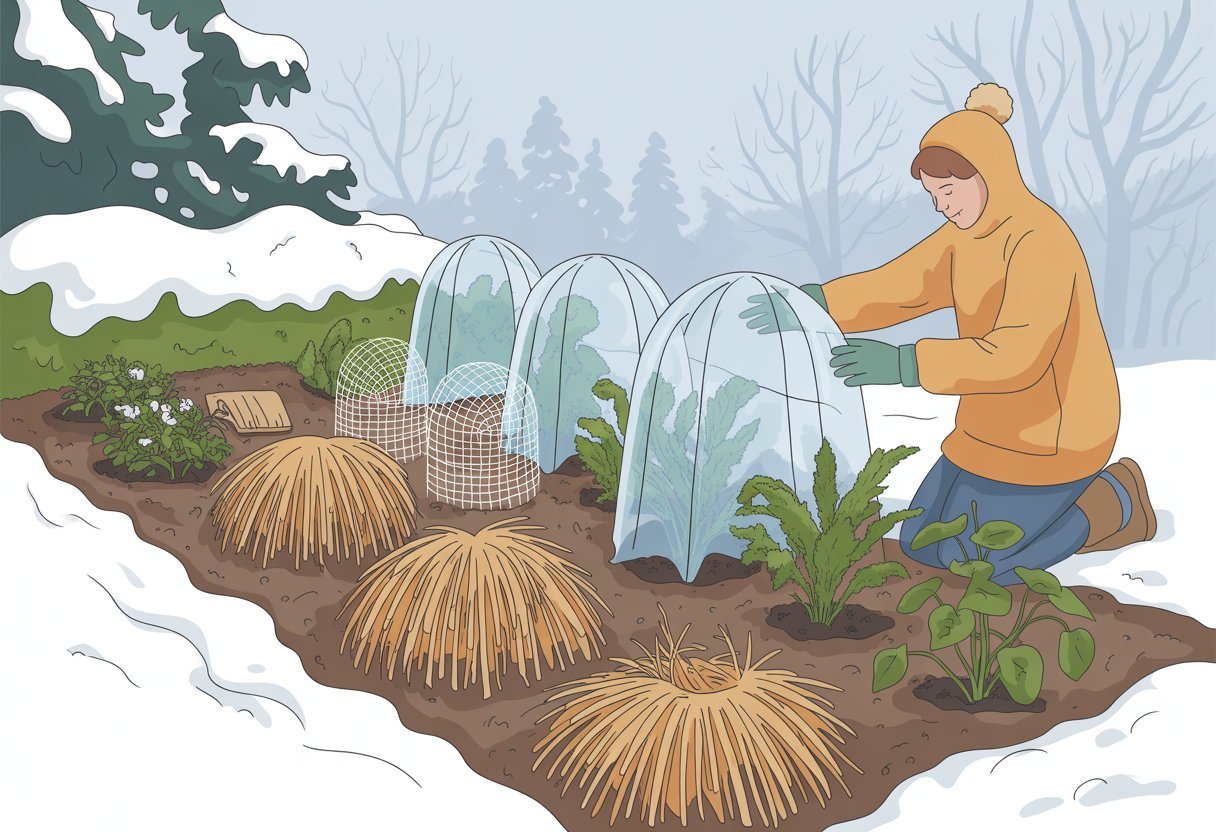 Jardinage d’hiver en conscience 3 Un jardinier protège des plantes avec des matériaux naturels dans un jardin d'hiver sous un ciel nuageux.