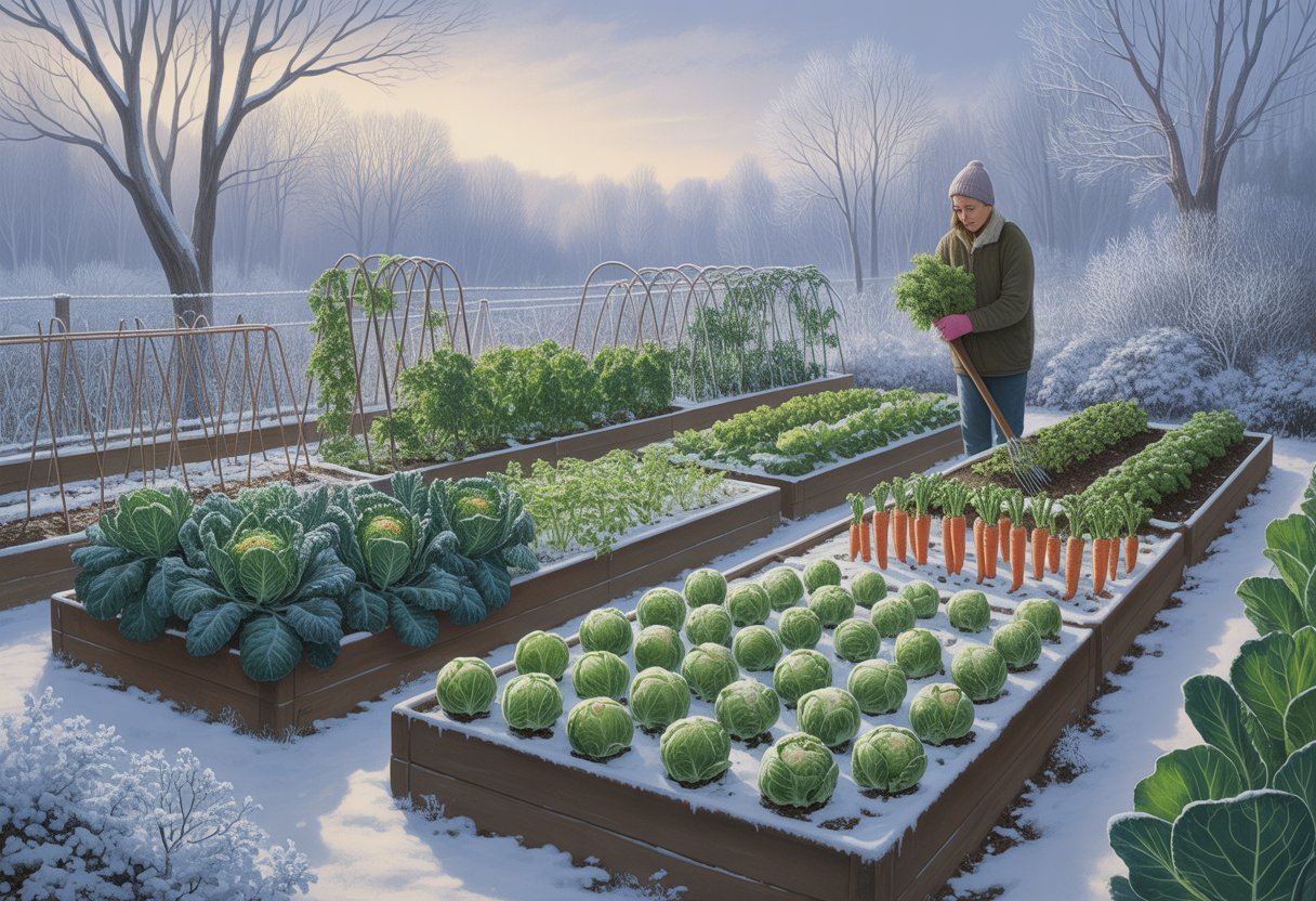 Jardinage d’hiver en conscience 4 Un jardin potager d'hiver avec des légumes robustes et un jardinier en vêtements chauds prenant soin des plantes sous un ciel gris et calme.