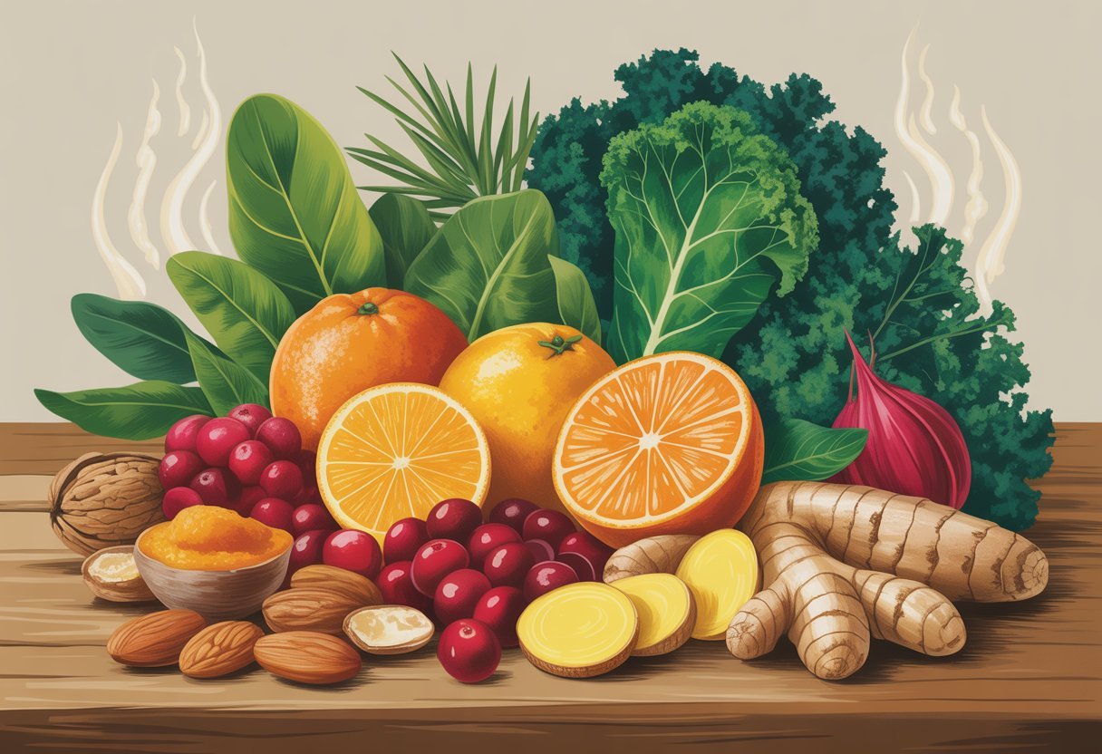 Superaliments d'hiver : Booster naturellement son énergie au quotidien 2 Une table en bois avec une variété de superaliments d'hiver frais comme des agrumes, des canneberges, du chou frisé, du curcuma, du gingembre et des noix, illustrant des aliments pour booster l'énergie.