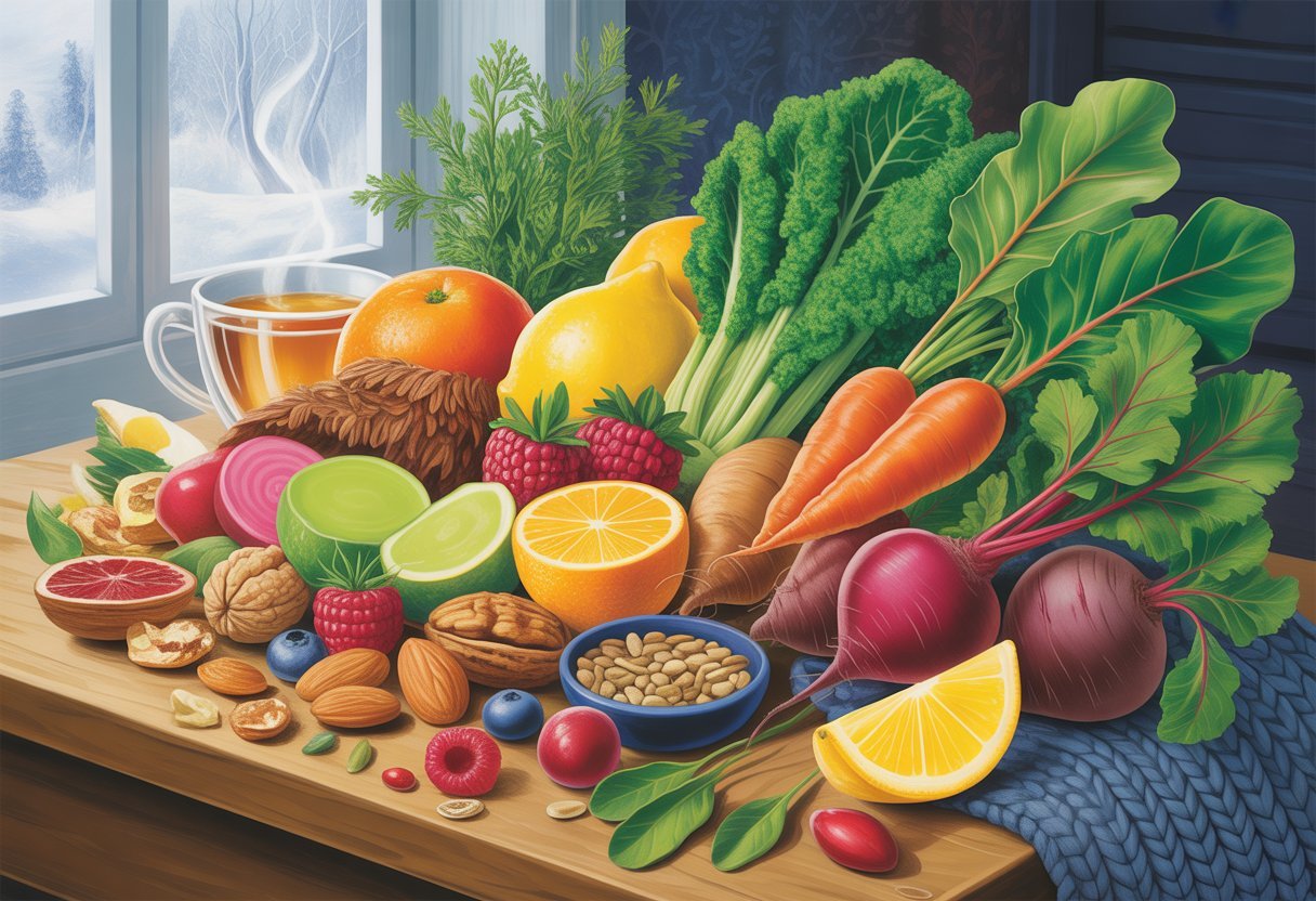 Superaliments d'hiver : Booster naturellement son énergie au quotidien 3 Une table avec une variété d’aliments d’hiver riches en micronutriments, comme des légumes, des fruits, des noix et des graines, dans un cadre chaleureux et hivernal.