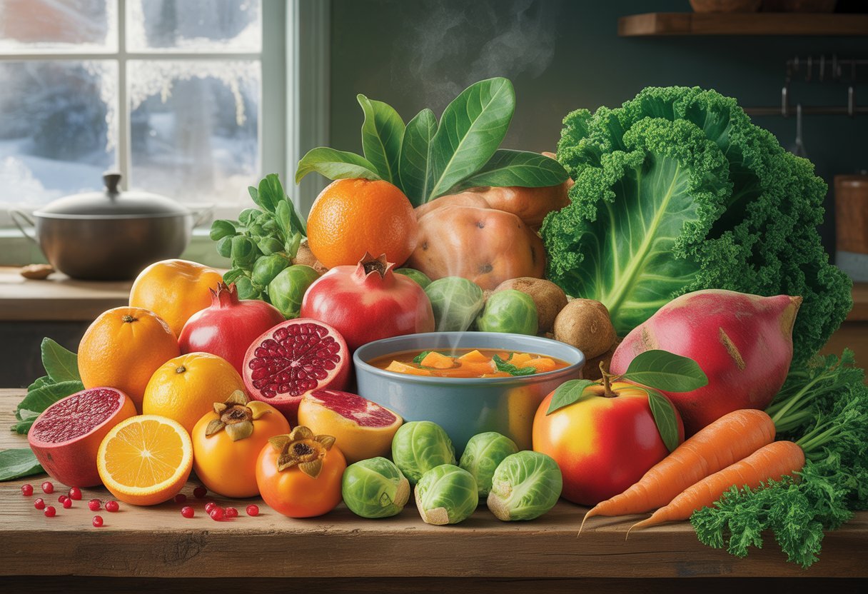 Superaliments d'hiver : Booster naturellement son énergie au quotidien 4 Une table en bois avec des fruits et légumes d'hiver colorés comme des oranges, grenades, kakis, chou frisé, choux de Bruxelles, patates douces et carottes, avec un bol de soupe chaude et une fenêtre givrée en arrière-plan.