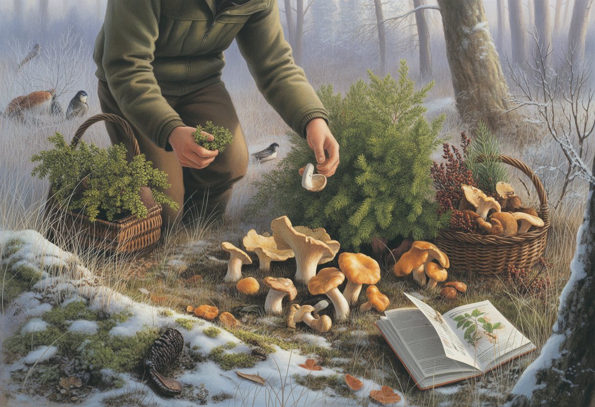 Personne cueillant des champignons et des plantes dans une forêt hivernale avec un léger manteau de neige au sol.