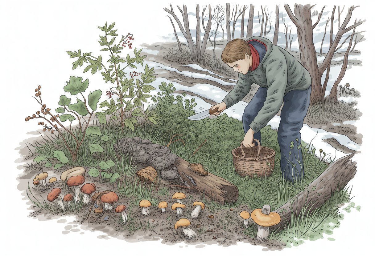Personne cueillant des plantes et champignons d'hiver dans une forêt avec des arbres sans feuilles et un sol partiellement enneigé.