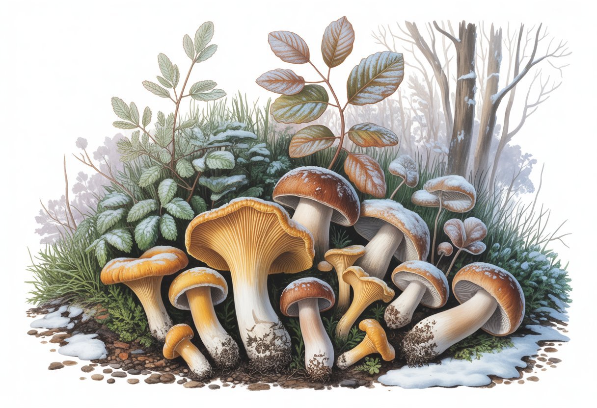 Une scène de forêt en hiver montrant différentes espèces de champignons d’hiver parmi des plantes saisonnières avec des arbres dénudés et un sol partiellement enneigé.
