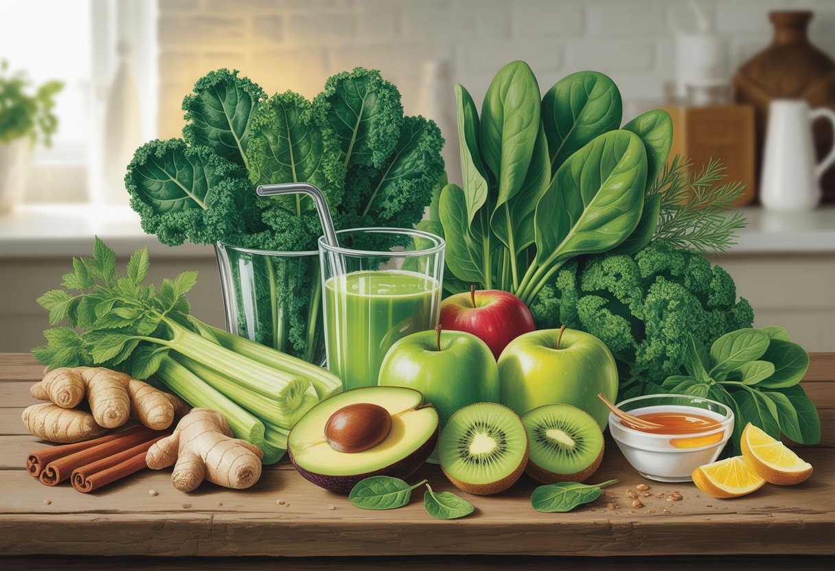 Smoothies verts d'hiver : Vitamines et chaleur en saison froide 3 Une table en bois avec des ingrédients frais pour smoothies verts d'hiver, incluant chou kale, épinards, pommes vertes, avocats, kiwis, céleri, menthe, cannelle, gingembre et miel.
