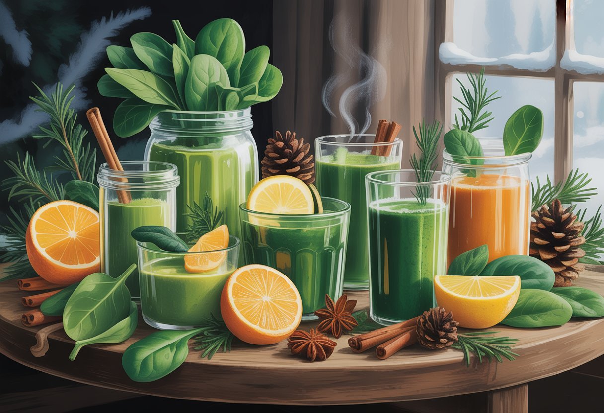 Smoothies verts d'hiver : Vitamines et chaleur en saison froide 4 Une table en bois avec plusieurs verres de smoothies verts d'hiver entourés d'épices et d'éléments naturels évoquant la chaleur et les vitamines de la saison.