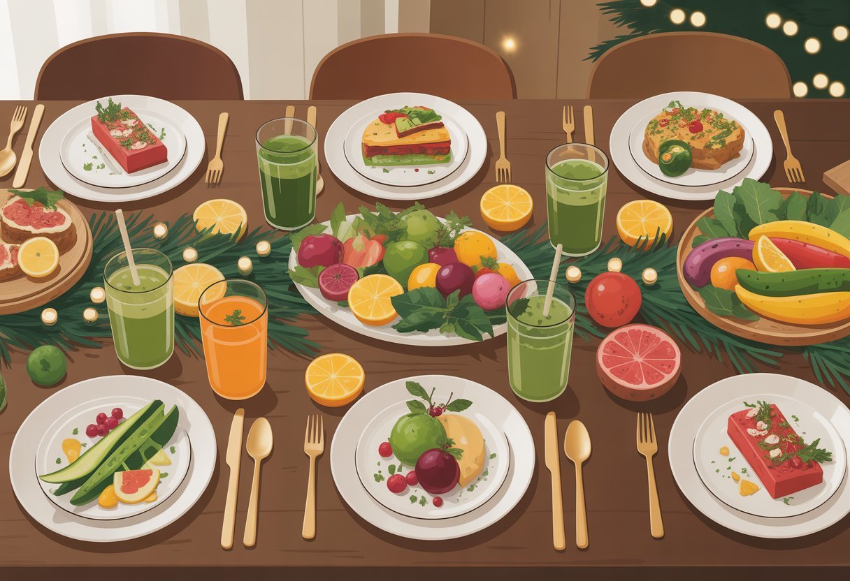 Menu détox du réveillon : célébrer sainement et avec plaisir 2 Une table festive avec des plats sains et colorés, des fruits, légumes, smoothies et décorations naturelles pour célébrer un réveillon détox.