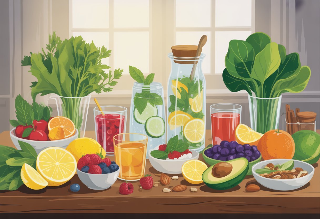 Menu détox du réveillon : célébrer sainement et avec plaisir 3 Une table élégante avec une sélection colorée d'aliments détox frais et sains, comprenant des fruits, des légumes verts, des noix et des boissons infusées, prêts pour un repas festif.