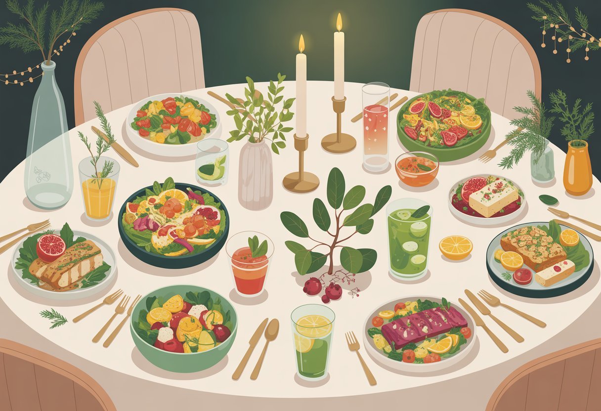 Menu détox du réveillon : célébrer sainement et avec plaisir 4 Une table élégamment dressée avec des plats colorés et sains pour un menu détox festif, comprenant des salades, des légumes, des fruits, des boissons détox et une ambiance chaleureuse et accueillante.