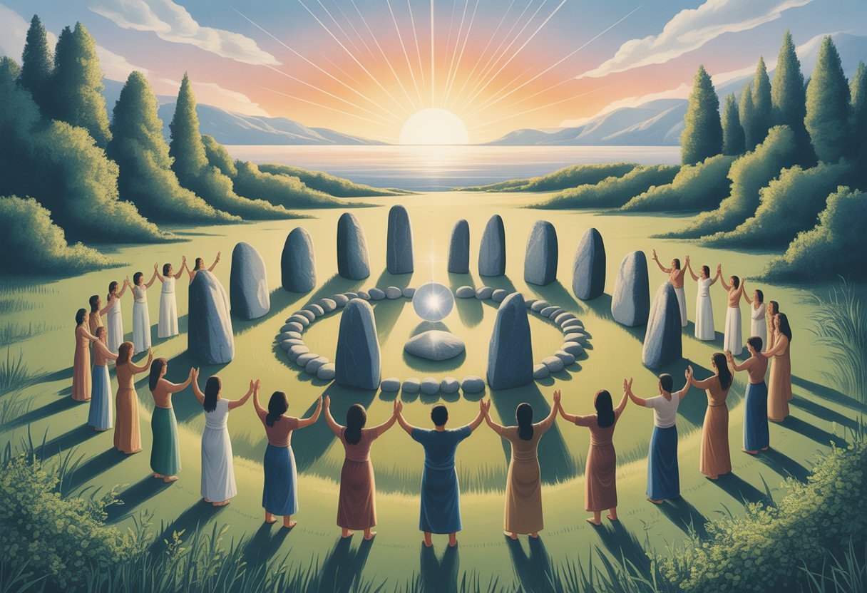Célébration du solstice : honorer le retour de la lumière et le renouveau 2 Un paysage naturel au lever du soleil avec des pierres dressées disposées en cercle, entourées de verdure, et un groupe de personnes en vêtements simples effectuant une séquence cérémonielle pour honorer le solstice.