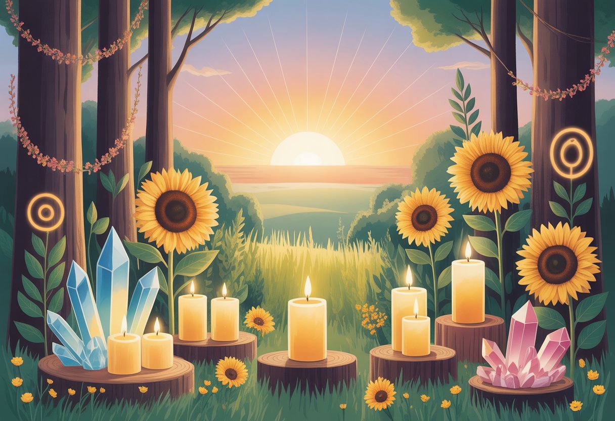 Célébration du solstice : honorer le retour de la lumière et le renouveau 4 Scène extérieure au lever du soleil avec des décorations naturelles comme des tournesols, des bougies allumées, des cristaux et des guirlandes florales, célébrant le retour de la lumière lors du solstice.