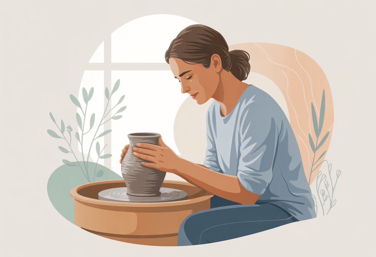 Poterie thérapeutique : modeler pour apaiser l'esprit 2 Une personne calme modelant de l'argile sur un tour de potier dans une pièce lumineuse et apaisante.