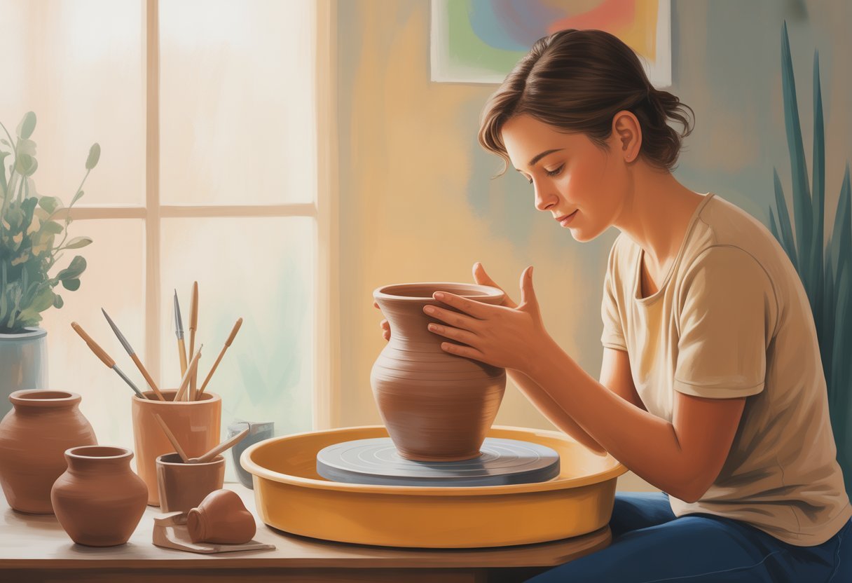 Poterie thérapeutique : modeler pour apaiser l'esprit 4 Une personne concentrée modelant de la poterie à un tour, dans un environnement calme et apaisant.