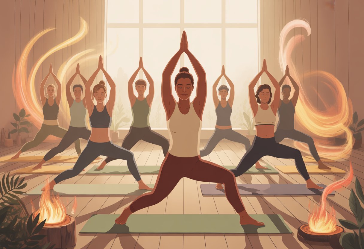 Yoga anti-froid : séances réchauffantes 2 Un groupe de personnes pratiquant des postures de yoga dans un studio chaleureux et lumineux, évoquant la chaleur et le confort.