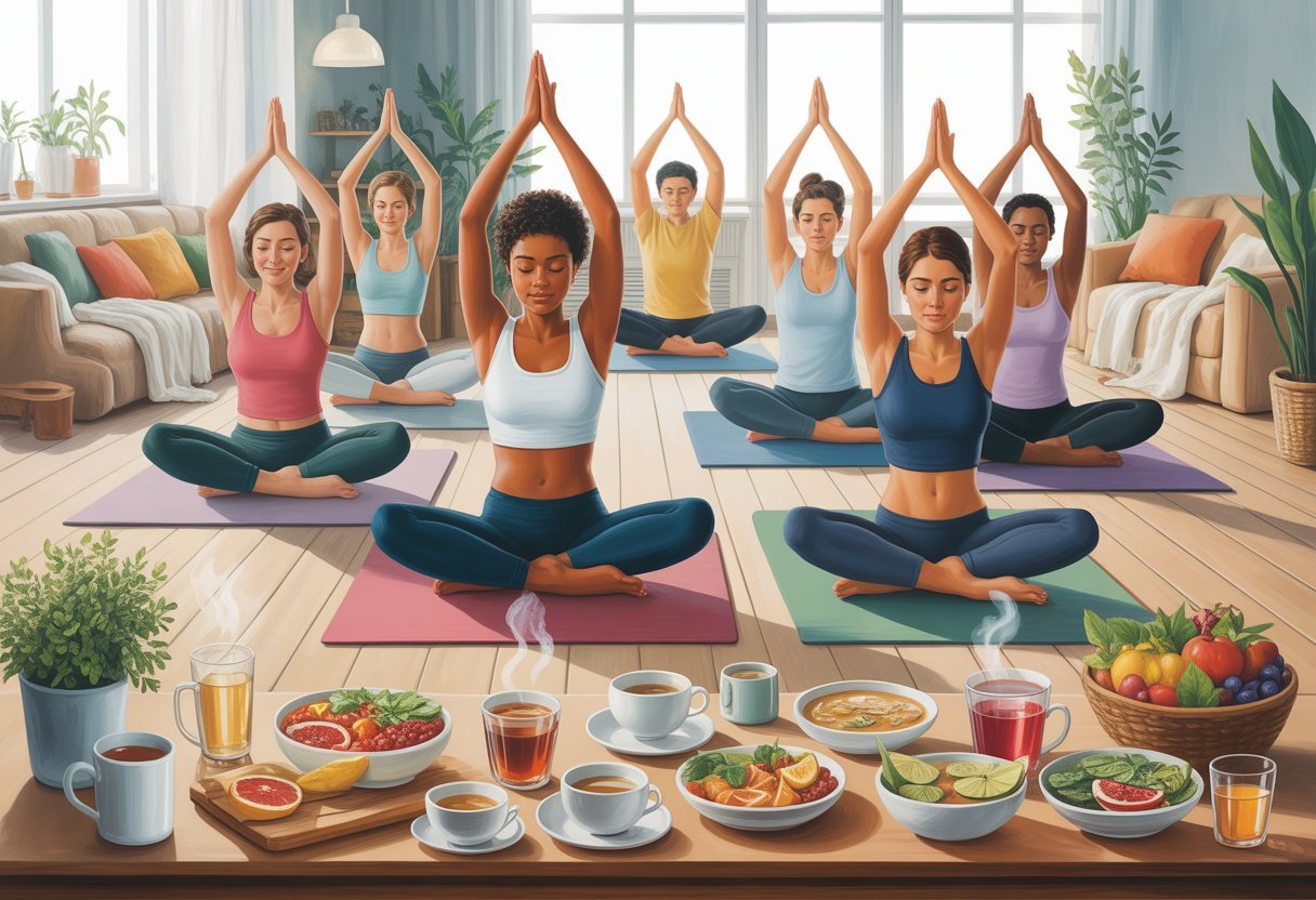 Yoga anti-froid : séances réchauffantes 3 Un groupe de personnes pratiquant le yoga dans une pièce lumineuse avec des boissons chaudes et des aliments sains posés sur une table à côté.
