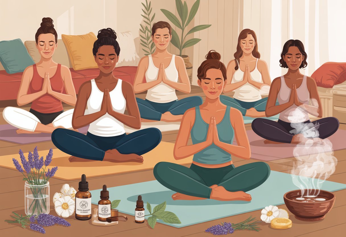 Yoga anti-froid : séances réchauffantes 4 Une séance de yoga en intérieur avec plusieurs personnes effectuant des postures, entourées de flacons d'huiles essentielles et d'herbes naturelles, dans une ambiance chaleureuse.